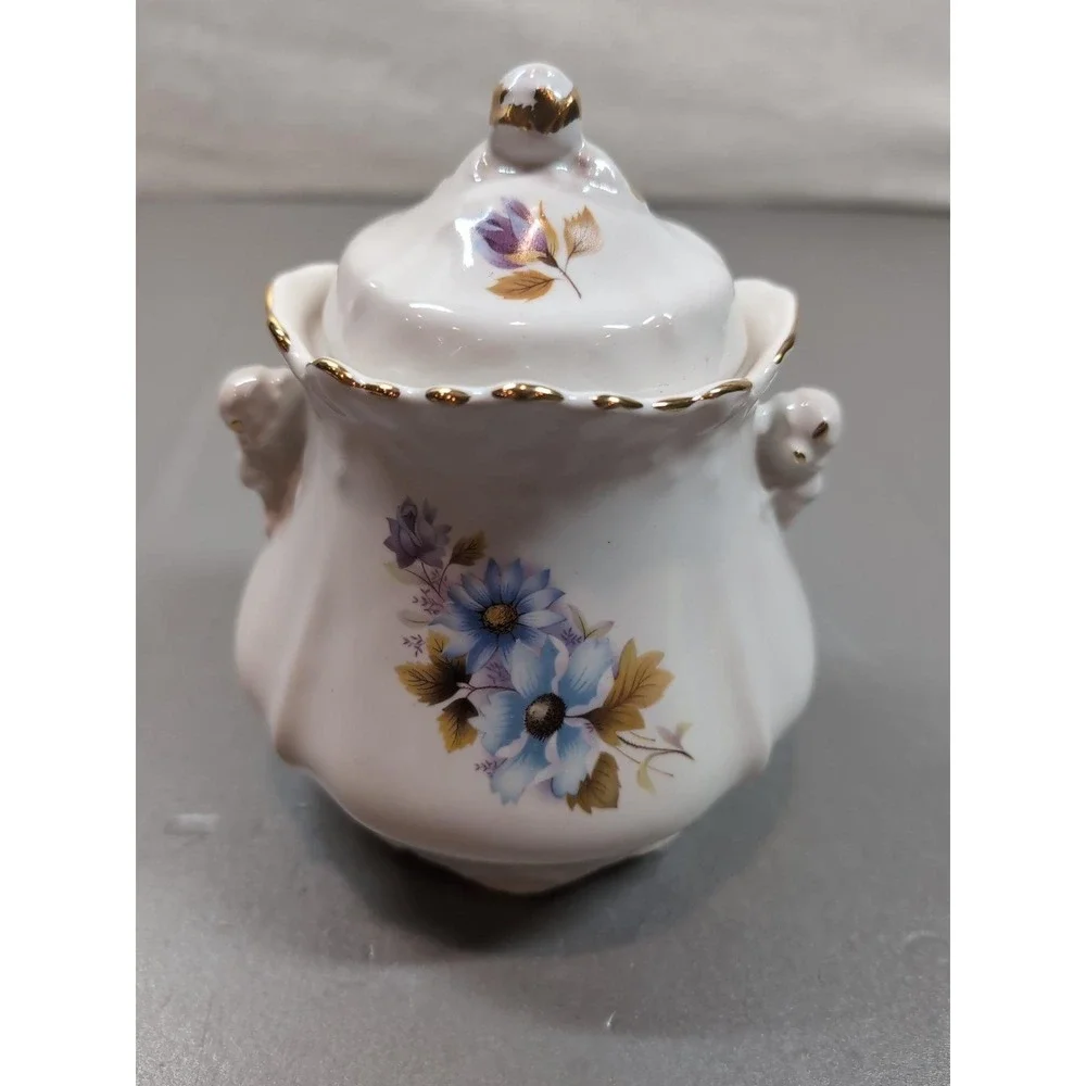 Vintage Porcelain Covered Sugar Bowl Floral Blue Purple Gold Trim Scalloped Edge